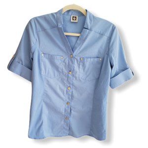 Anne Klein blue button down shirt gold buttons, S